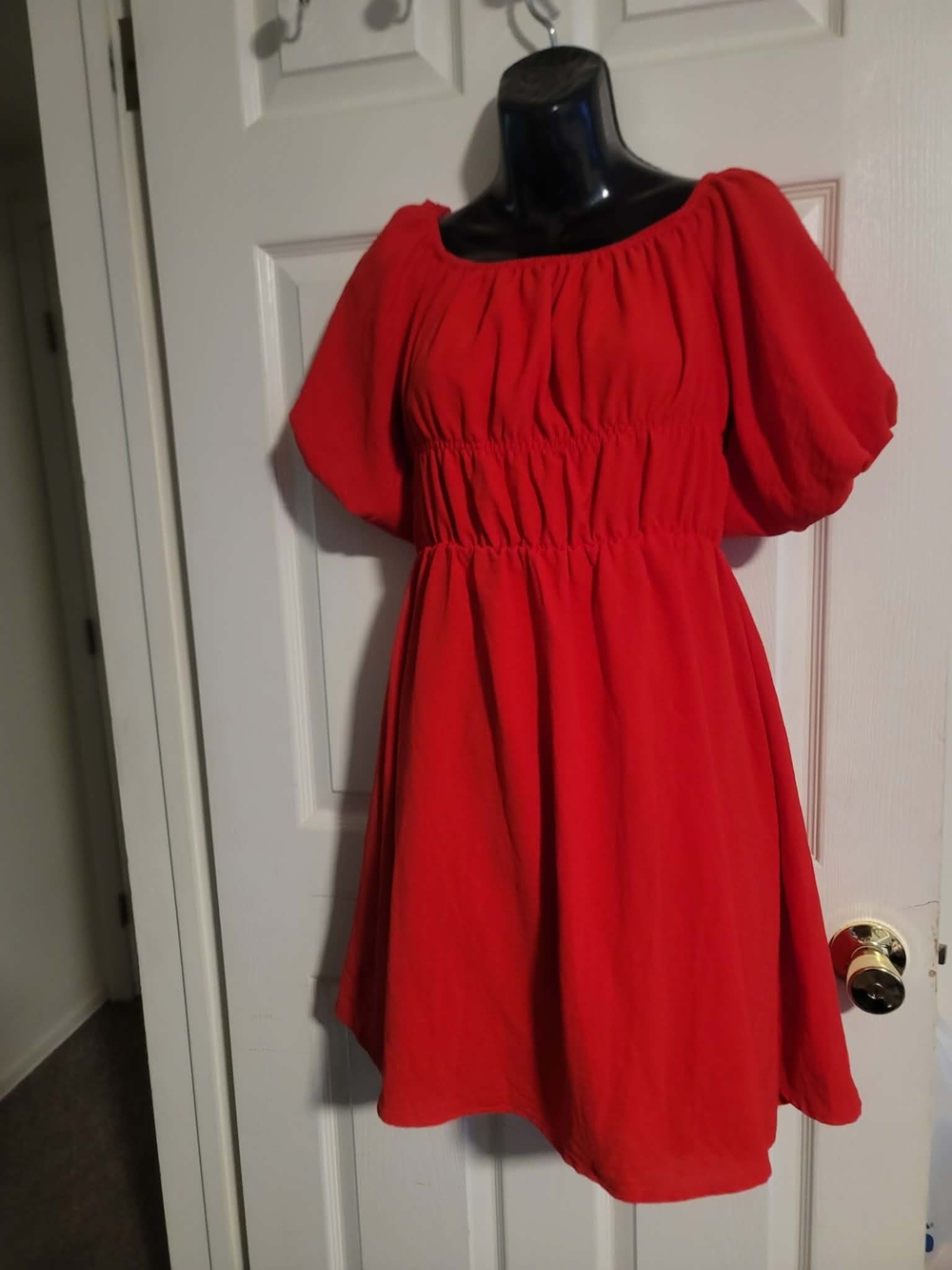 Red Puff-Sleeve Mini Dress with Smocked Waist